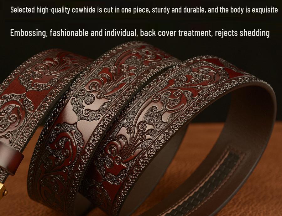Tiger Engraved Automatic Buckle Cowhide Men's Zodiac Belt - Casual Retro Style