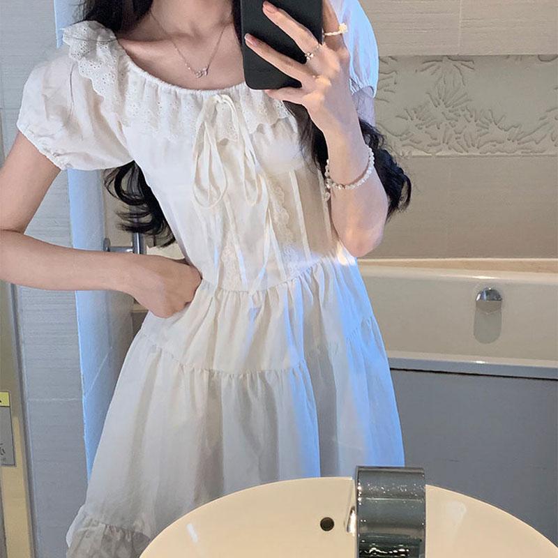 Stylish Lace Spliced Drawstring Mini Dress 2025 Summer Sweet A-Line Waist Female Clothing Solid Color Basic Puff Sleeve Dresses