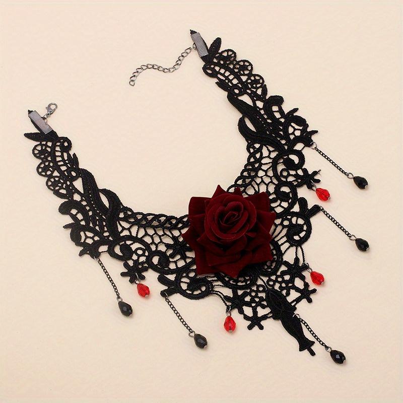 [No Plating Red Roses Jewelry] Women's Dark Punk Style Lace Flower Necklace, Gothic Vintage Choker with Red Roses, All-Season, for Daily & Party Wear