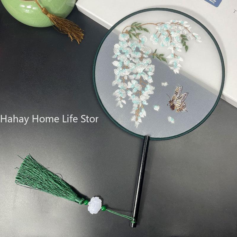 Fashion Chinese Style Wooden Handle Fan Embroidery Flower Girl Gift Portable Home Decor Hand Fans Crafts Dance Fan