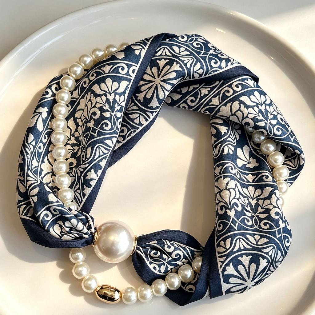 Premium magnetic buckle pearl silk scarf necklace retro flower small scarf Internet celebrities free small scarf