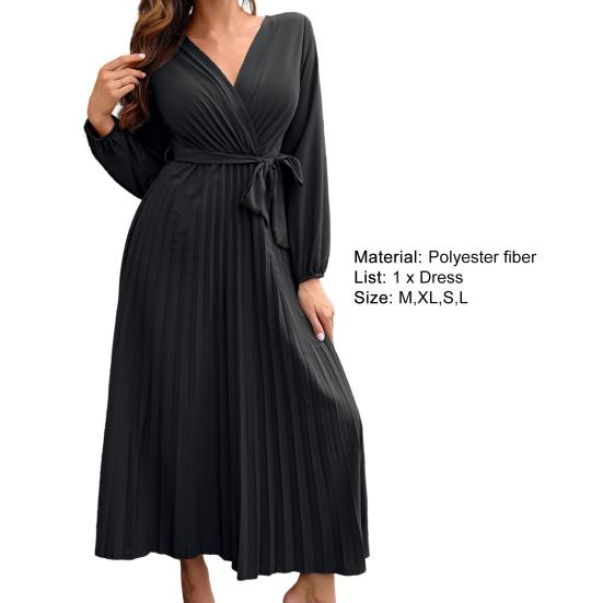 Cross V-neck Lantern Long Sleeve Waist Strap A-Line Autumn Dress Simple Pure Color