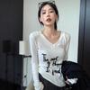 2025 Autumn Korean V-neck Long-sleeve Women's Letter Print Slim-fit T-shirt