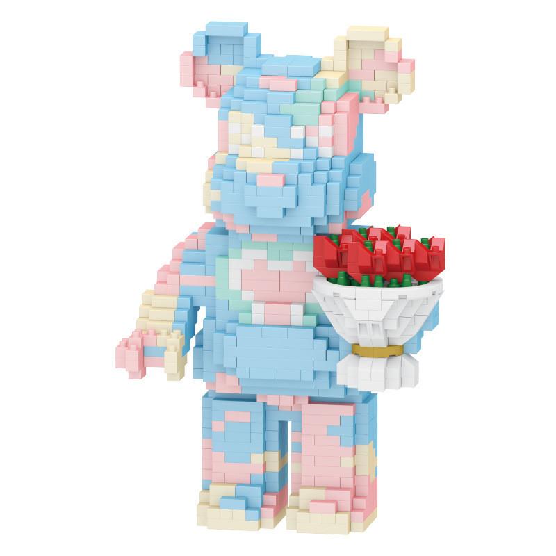 Little Holding Bear Flowers Assembles Building Blocks With Abs Material For Gift