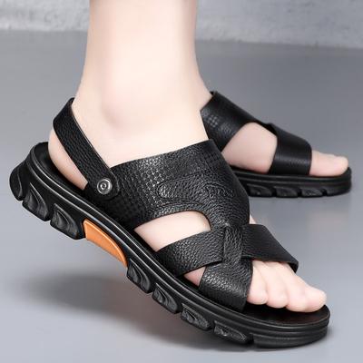Men Summer New Top Layer Cowhide+latex Pad Beach Shoes Adult Thick-soled Soft Sole Beach Shoes Non-slip Open-toe Leather Sandals