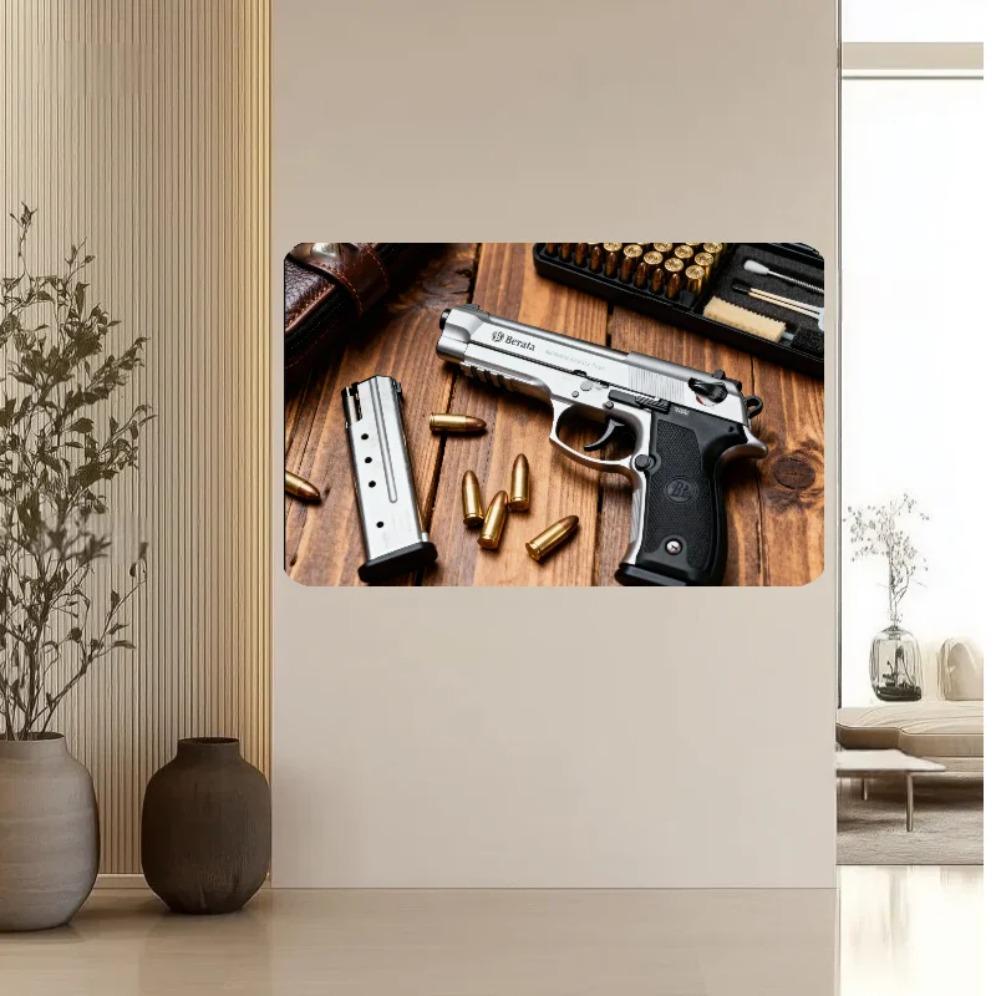 Vintage Pistol Tin Sign Metal Wall Art Retro Ammo Decor for Man Cave Bar Garage