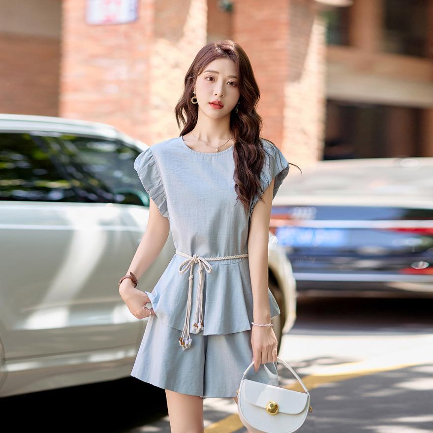 Fashion shorts set women's summer new flying sleeves thin top casual small two-piece set