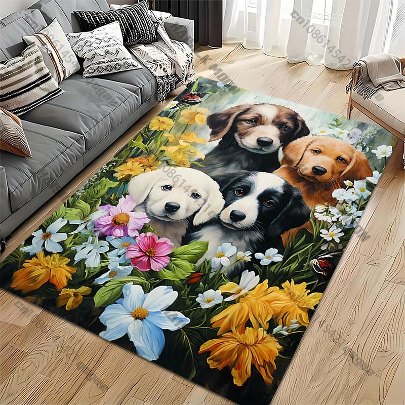 Puppies surrounded by colorful flowers carpet Yoga living room room decor children's crawling mat doormat area rug games mat