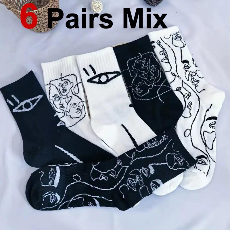 3/6 Pairs Abstract Line Paintings Mid Tube Cotton Socks Street Trend Sports Sweat Absorbing Breathable Couple Casual Socks