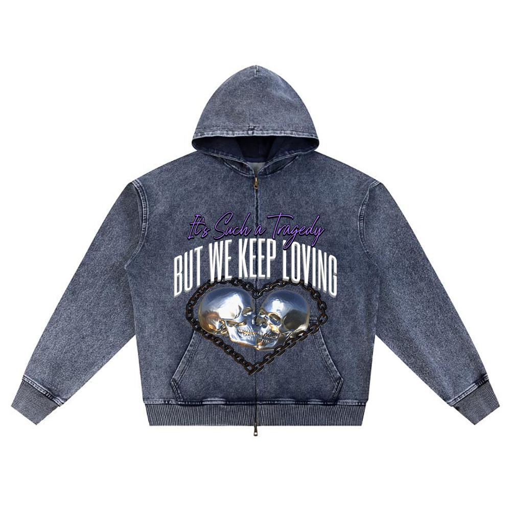 

DTG print Knitted Denim Zip-Up Hoodie Keep We Keep Loving Brother Print Zipper Hoodies XL темно-синий