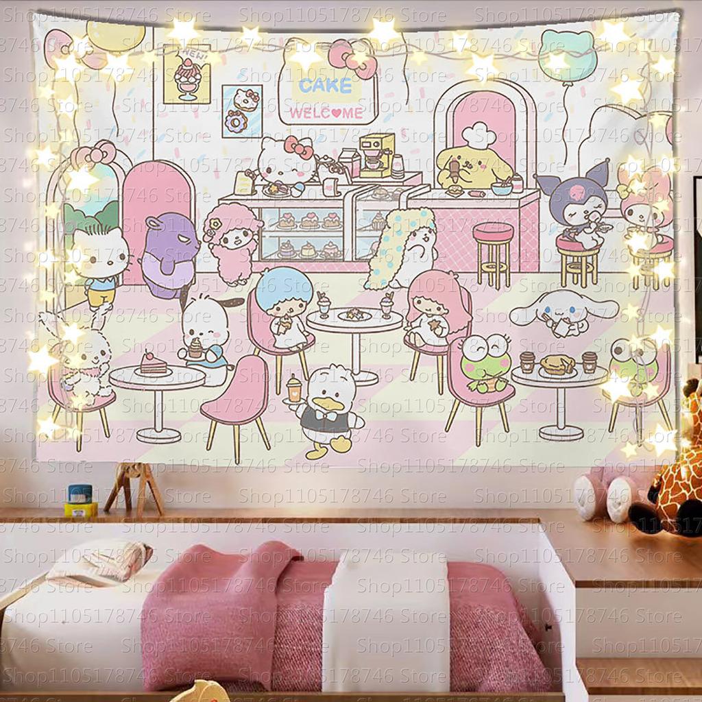 Adorable Sanrio Family Pink Heart Tapestry Kawaii Anime Wall Hanging Decoration Girls Heart Printed Tapestry Super Cute Decorat