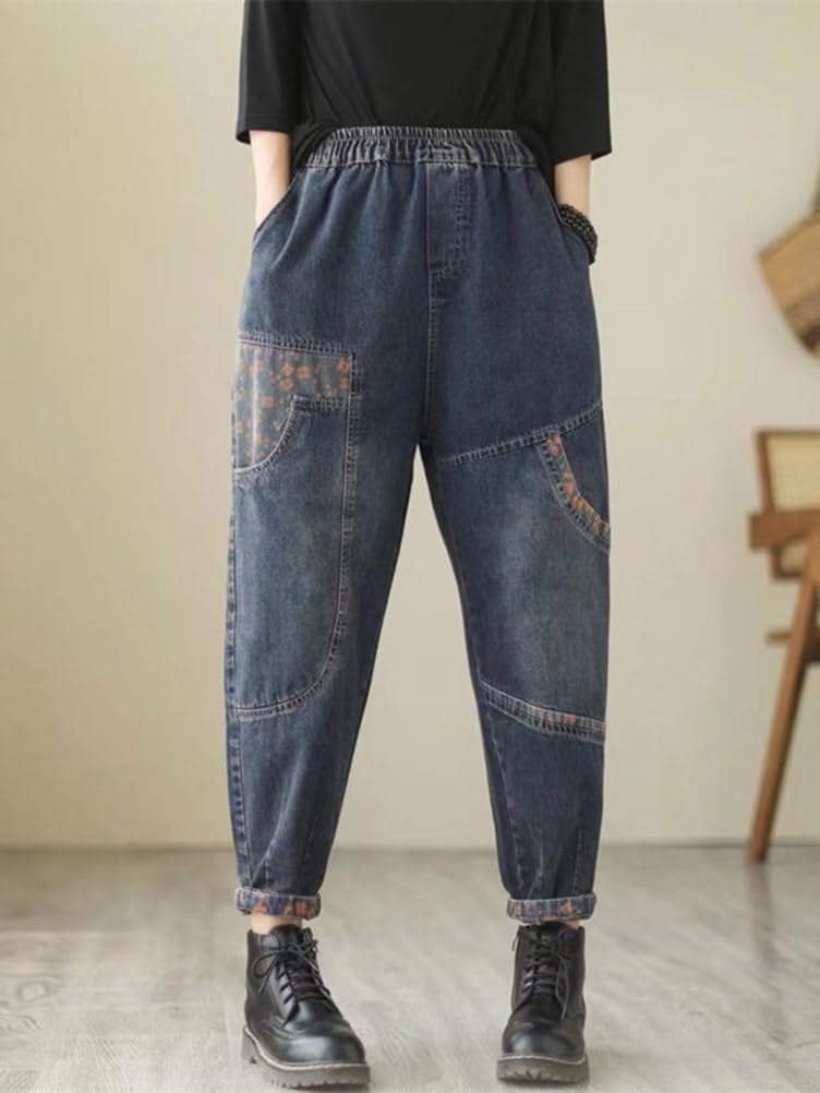 Minesam Women's Wide-Leg Denim Pants, Loose Fit, Slimming Sarouel Pants, Casual, Plus Sizes (03 Blue, XL)