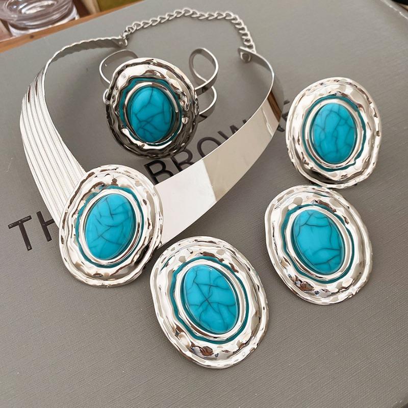 Acrylic Oval Ring Bracelet Stud Earrings Necklace Medieval Vintage Jewelry Set Light Luxury Niche Jewelry