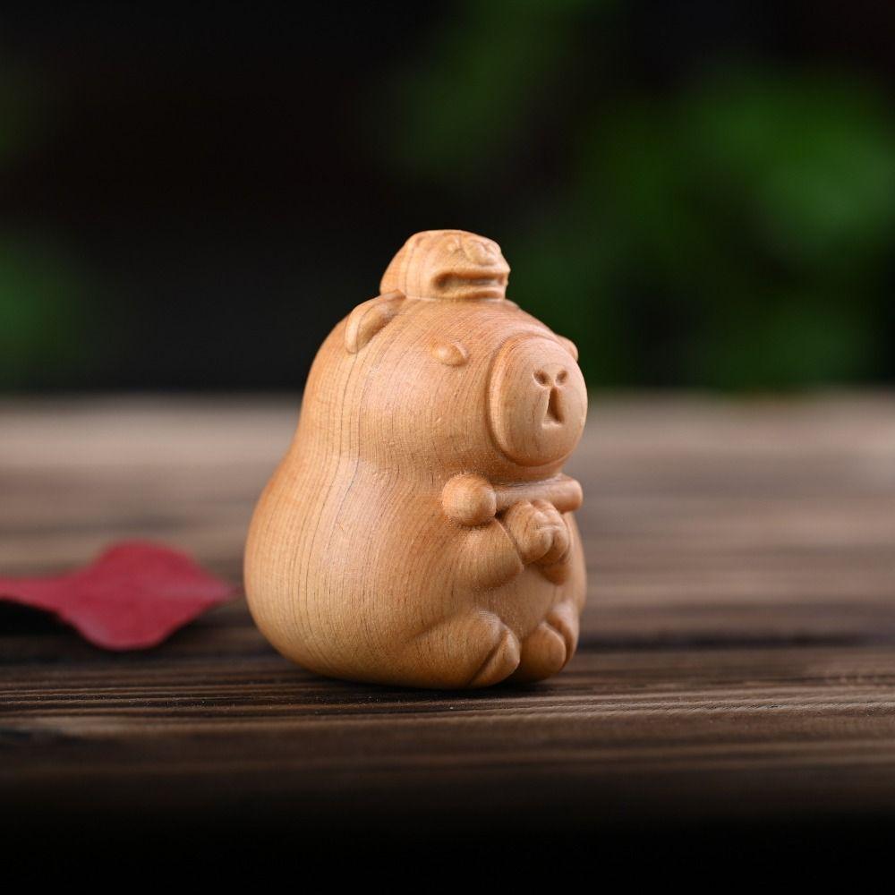 Cute Cartoon Capybara Desktop Figurine Handcrafted with Bell Collar Mini Animal Sculpture Wooden Carved Figurine Home Ornament