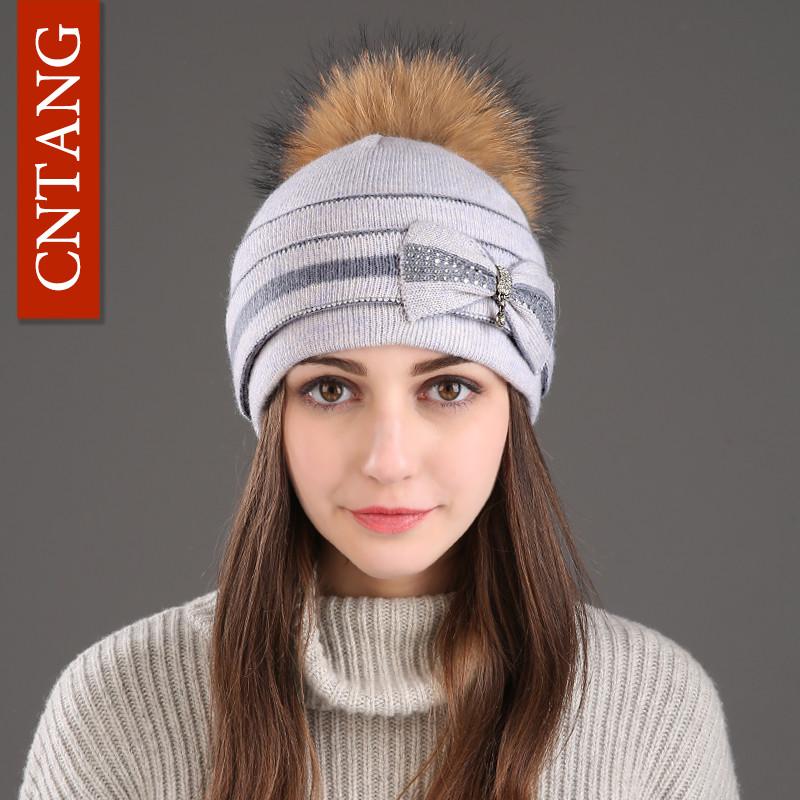 Classic Multiple Styles Women Beanie Winter Warm Fashion Raccoon Fur Pompom Hats Knitted Wool Cap Clearance Cheap High Quality