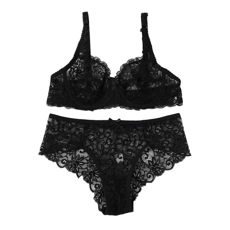 Women's Hollow Non-Padded Underwire Bra Sets 2PCS Sexy Ultra-Thin Lace Push Up Bra Panty Set for Women