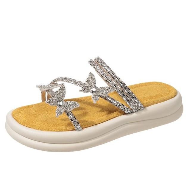 Bow Thick Bottom Cover Toe Cool Slippers Women's Outer Wear 2025 Summer New Fashion Muffin Rhinestone Slippers