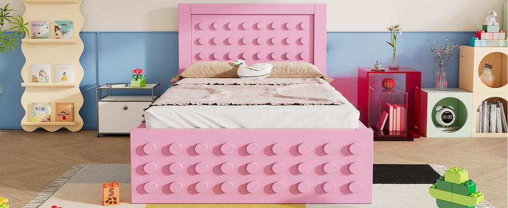 Wooden Single Children's Youth Bed 90x200 cm, with Creative Block Design, Solid Wood Frame, with Drawers & Under-Bed Storage, Pink, Without Mattress