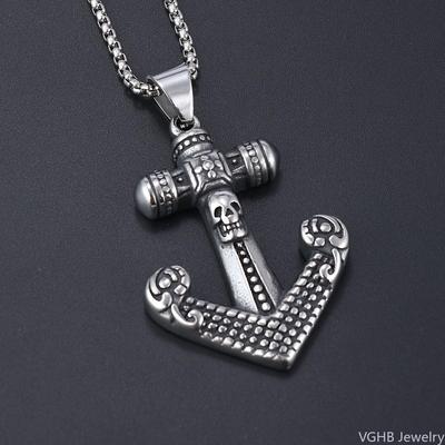 Vintage Nautical Style Skull Pirate Anchor Shape Titanium Steel Pendant Men's Personality Trend Necklace Accessories