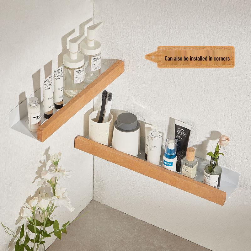 Vit Japansk Väggmonterad Massivt Trä Badrumshylla: Hålfri förvaringshylla för toalett & tvättställ