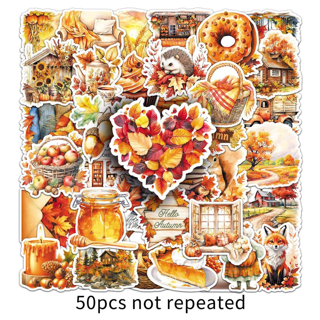 50 Blatt Goldener Herbst Sticker - Wasserdichte Cartoon-Blätter für Notizbücher
