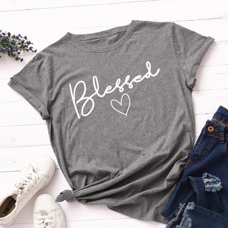 Blessed Letter Cotton T-Shirt Short Sleeve Round Neck Women 2d Print Tops