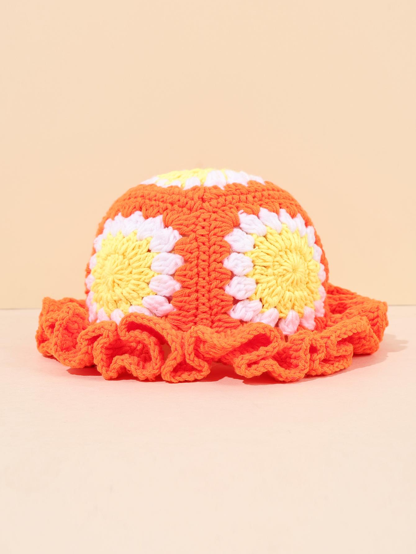

1 vintage orange handmade crochet bucket hat with floral grandmother square and ruffled edges, perfect for daily wear оранжевый