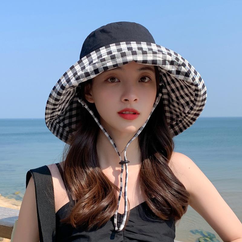 

Модная шляпа от солнца, женские модели, можно складывать, летняя, с большими полями, солнцезащитная шляпа от солнца, закрывающая лицо, клетчатая шляпа рыбака 56-58cm чёрный