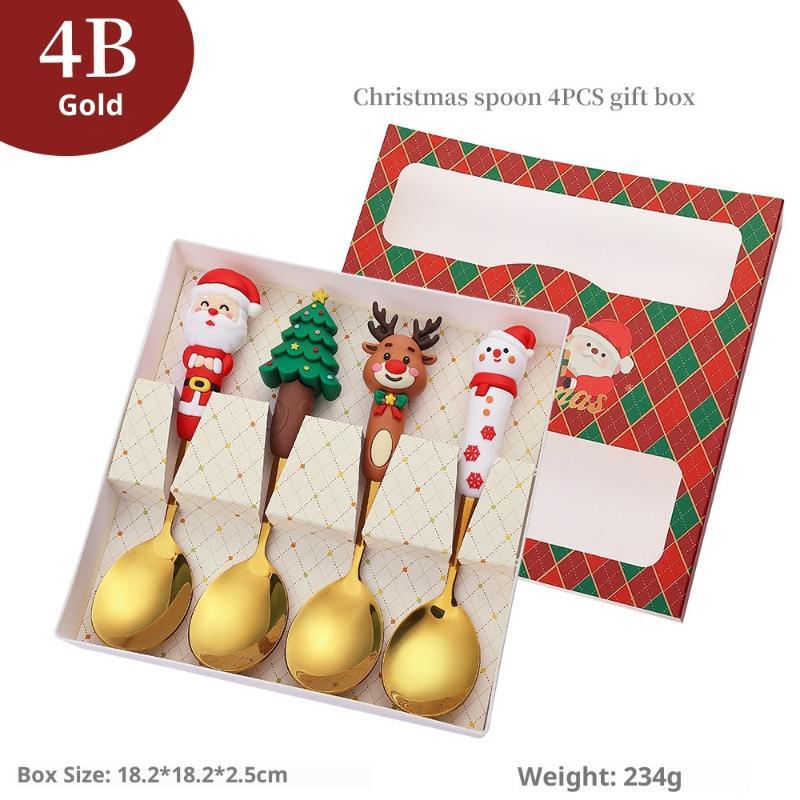 4Pcs Christmas Gift Glod Silver Spoon Fork Set Elk Christmas Tree Decoration Dessert Scoop Fruit Fork Coffee Spoon Cutlery Set