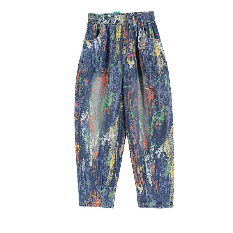Printed Denim Harem Pants, Loose Nine Cent, Dad, Baggy Pants, Woman