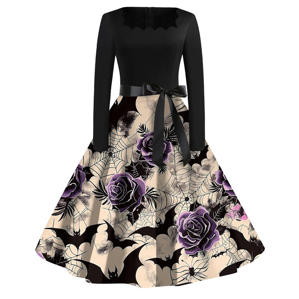 Women's Casual Fashion Halloween Printed Square Neck Vintage Dress