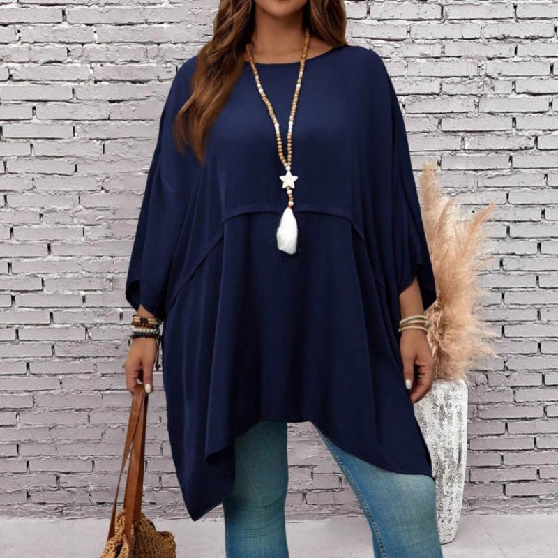 New Large Size Spring/Summer Loose Batman T-shirt Top Round Neck Fashion Casual Blouse Solid Color Irregular Elegant Shirts Loose Simple Long Tops