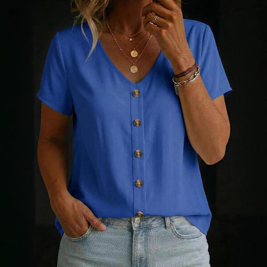 New European and American V-neck pullover short-sleeved loose women's shirt casual women's top