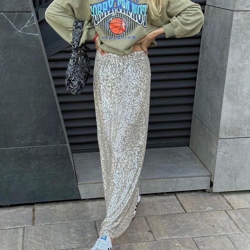 Sequin Elastic Waist Slim Fit Skirt Sequin Elastic Waist Silm Straight-leg Skirt