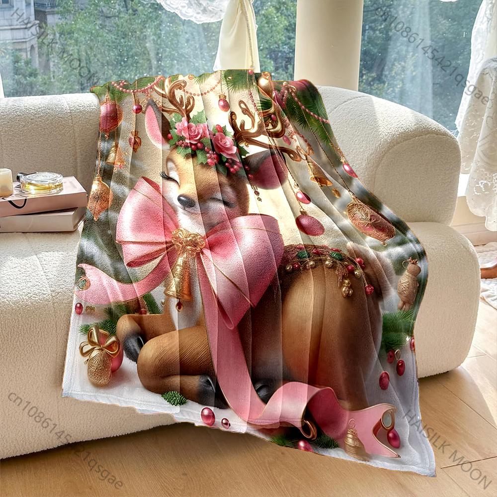 

Holiday Deer with Festive Ornaments Pattern Blanket Flannel Material Soft Warm for All Seasons Home Outdoor Camping Picnics RV 75x90cm