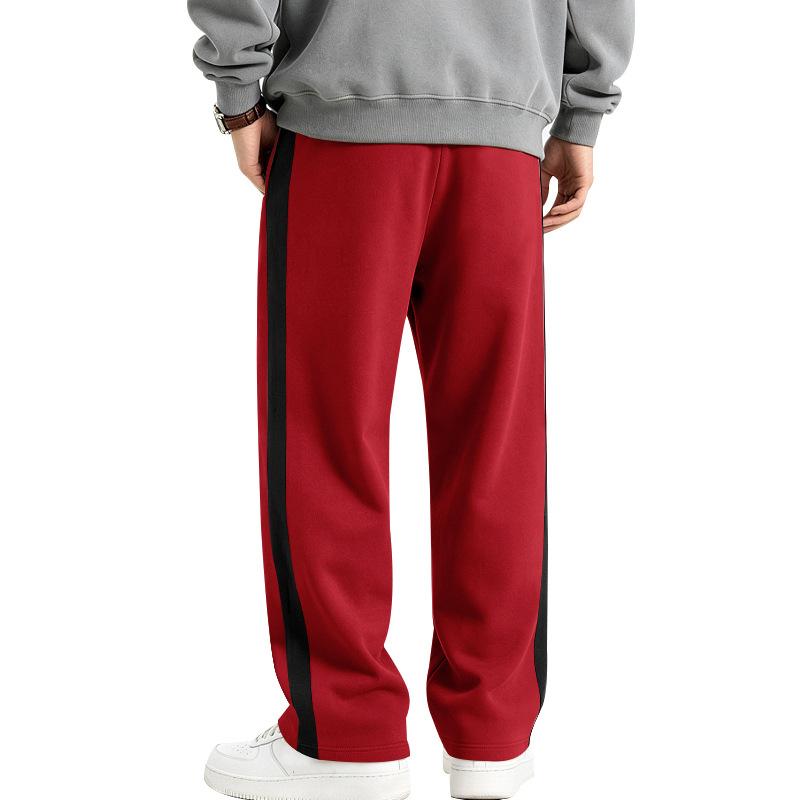 Pantaloni de trening largi pentru bărbați, căptușiți cu fleece, tricotaj greu, dungă contrastantă laterală, șnur, croială largă, casual, sport