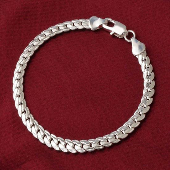 Simple Flat Curb Silver Plated Chain Lobster Clasp Bracelet Women's Jewelry