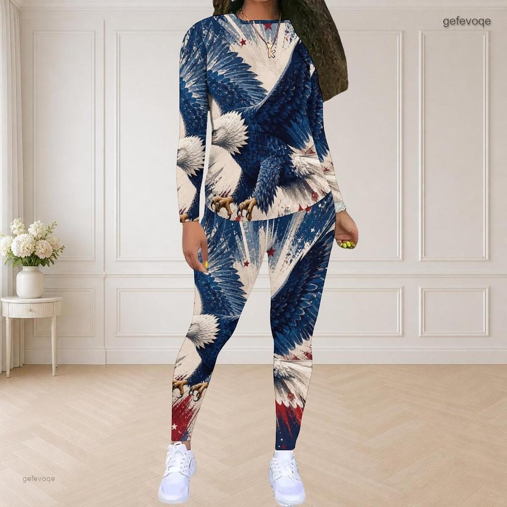 Women Plus Size Two Piece Set Round Neck Long Sleeve Firework Printed Navy Blue Fitted Pants