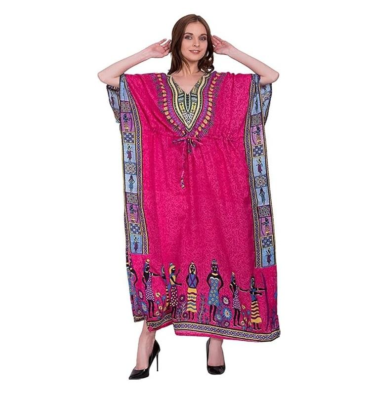 TreegoArt Fashion Women's Polyester Long African Kaftan Caftan Printed Adjustable Boho Dress Nightwear Maxi Gown
