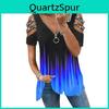 Women Summer Shirt T Hollow Out Shoulder Rhinestone Decor Short Sleeves Plus Size Loose Hem V Neck Gradient Contrast Color Lady Blouse