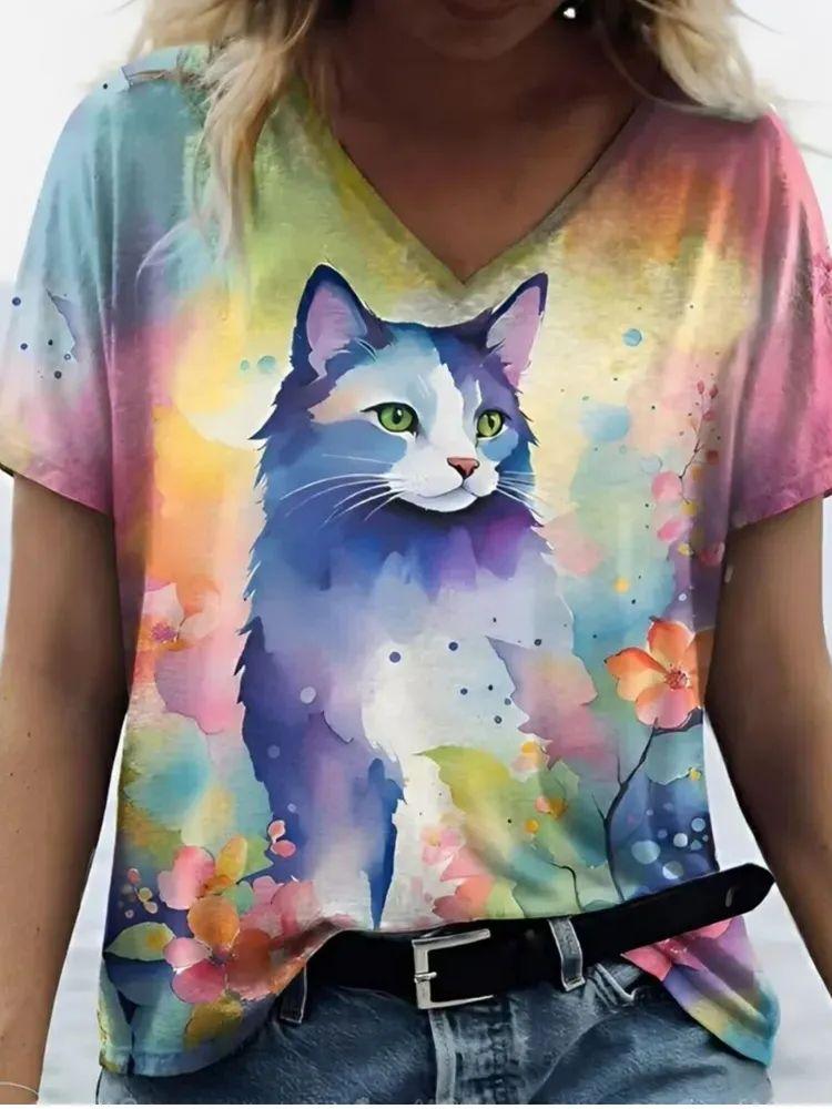 Neue Süße Katze Tier 3D Druck T-Shirts Mode Damen V-Ausschnitt Kurzarm T-Shirt Y2k Harajuku T-Shirts Lässige Oberteile Damenbekleidung