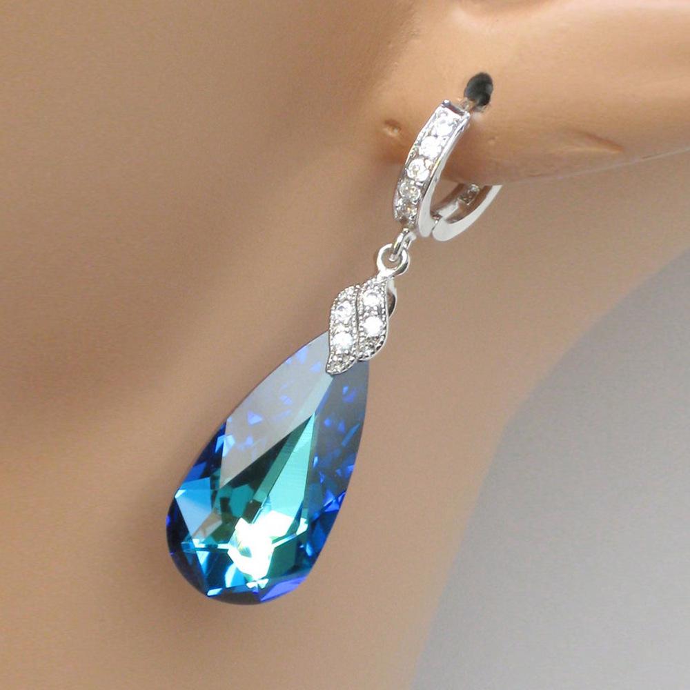 Huitan Retro Long Blue-Green Zirconia Water Drop Earrings