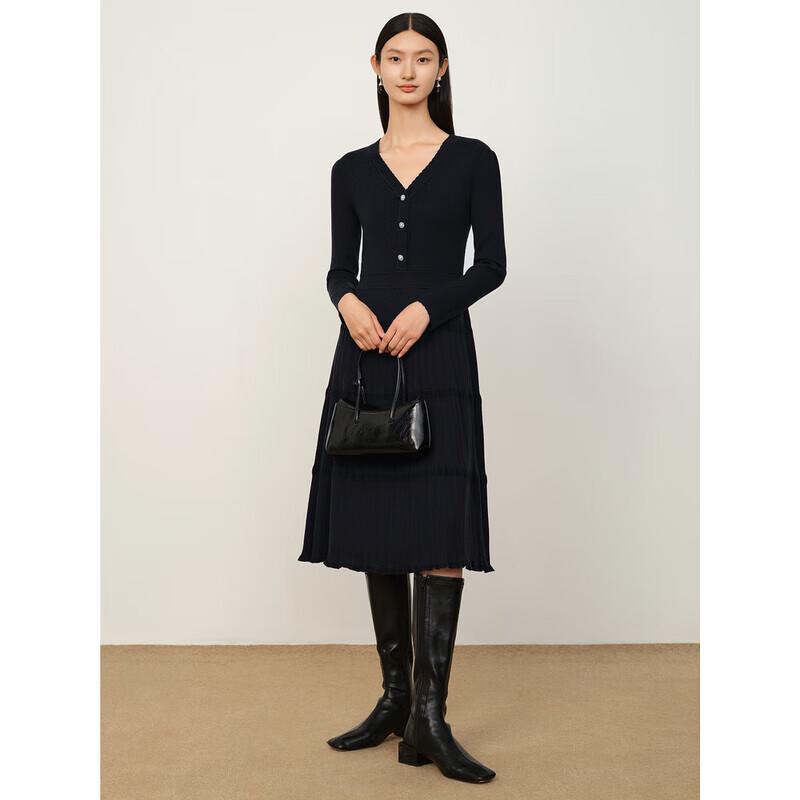 JZ Anna Coco Elegant V-Neck Puff Sleeve Wool Blend Sweater Dress