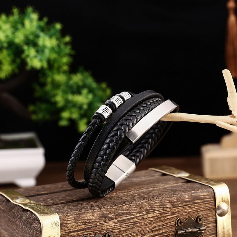 Multi-Layer Braided Leather Bracelet With Stainless Steel Magnetic Clasp Men Geometric Style Fashion Accessory