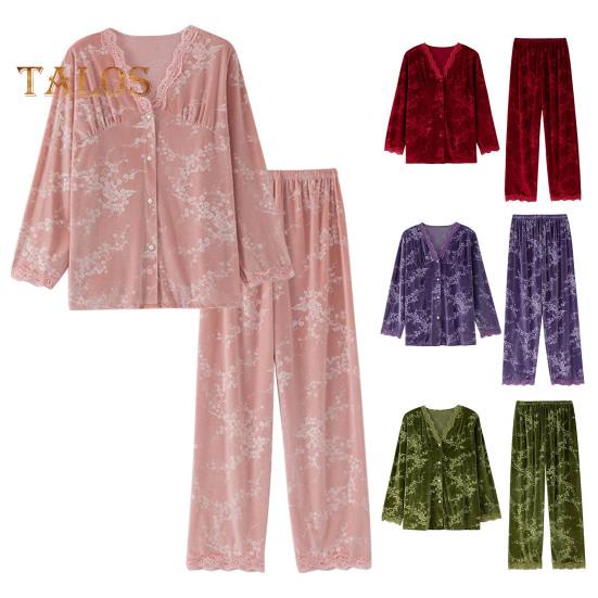 2 шт./комплект осень-зима женская пижама костюм кружевная отделка V-образный вырез принт — фото 9
