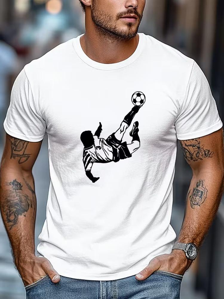 Mens Football T Shirt Soccer Player Graphic Tee Bicycle Kick Casual Summer Tee 2XL