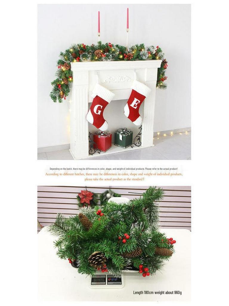 2.7M Christmas American PVC Wreath with White-Tipped Red Berries & Mixed Pine Needles - European Fireplace Garland Decoration