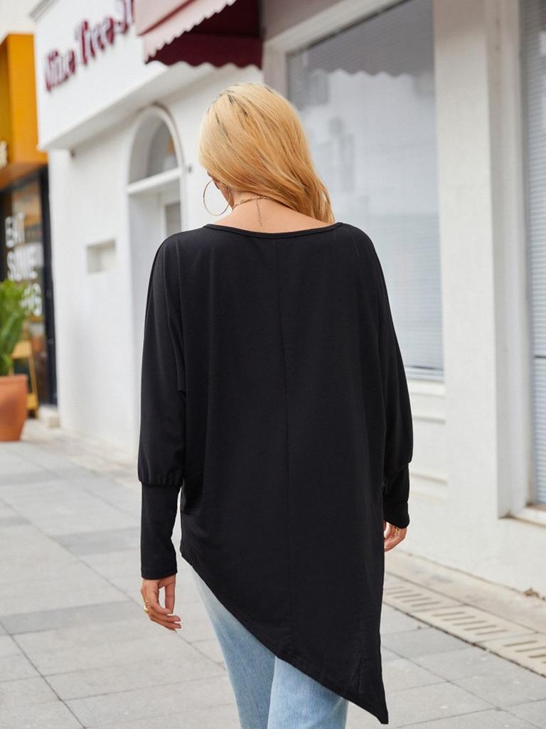 Women's Oversize Long-Sleeve Spring/Fall Asymmetrical Hem T-Shirt Fashion Printed Logn Sleeve Top