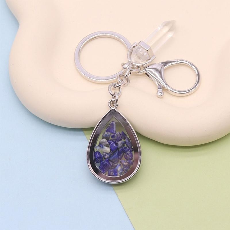 Natural Stone Crystals Teardrop Shape Photo Locket Keychain Featuring Diamonds Cut Designs for Sentimental Gifts