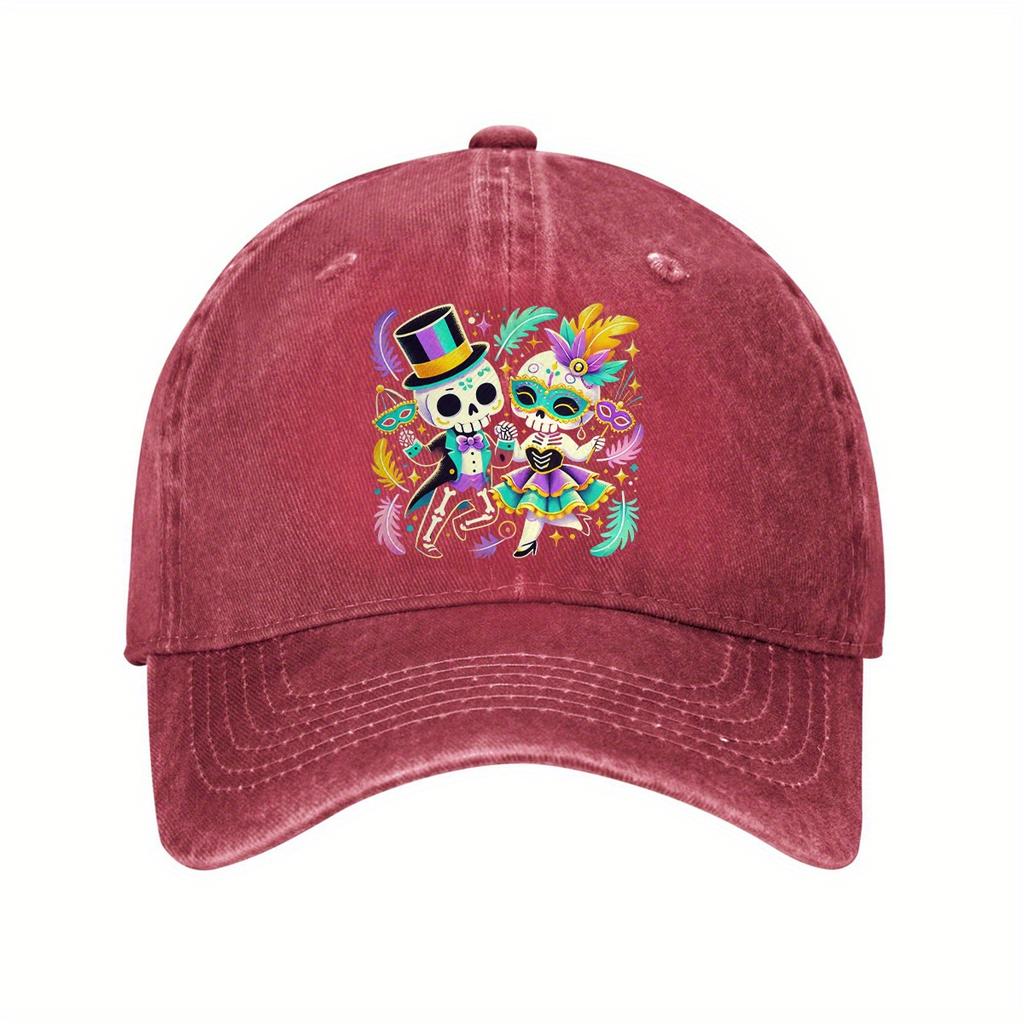 Mardi Gras Skeleton Couple Dancing Baseball Cap Adjustable Cotton Dad Hat Festive Graphic Casual Unisex Cap